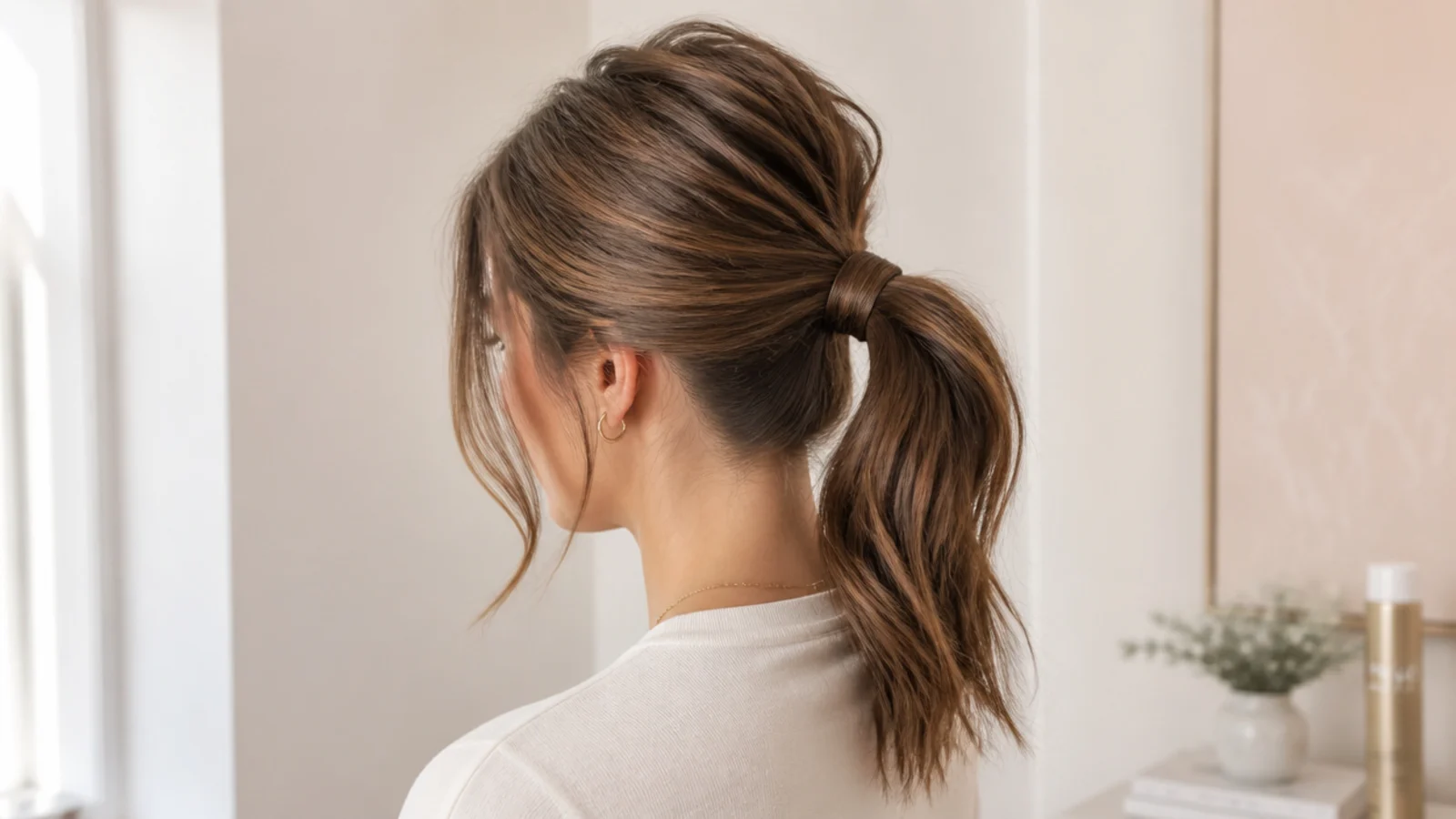 Side view of a medium hair ponytail showing crown lift and a tapered tail instead of a blunt stub