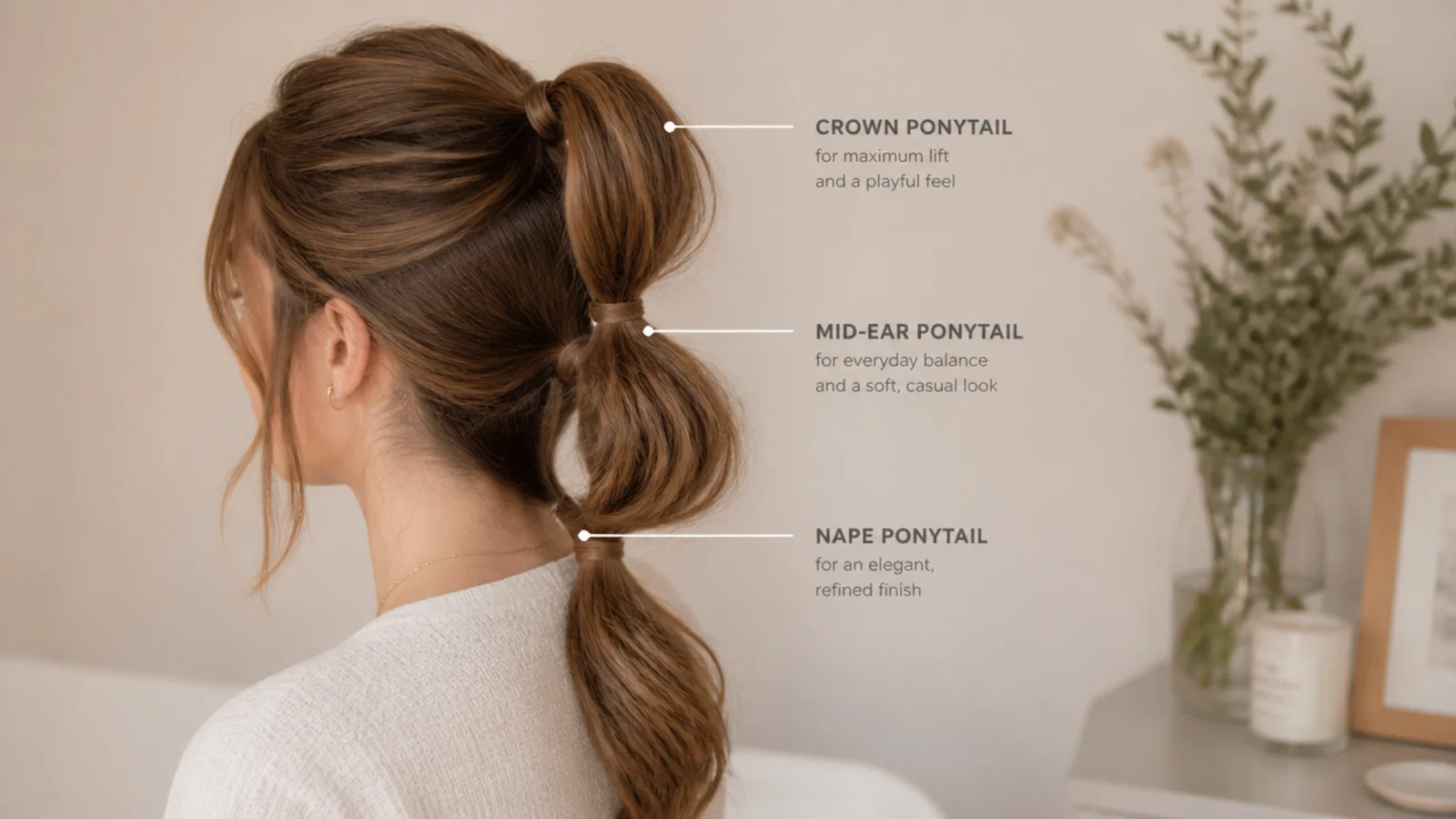 Three tie placements marked on medium hair showing crown, mid-ear and nape ponytail heights