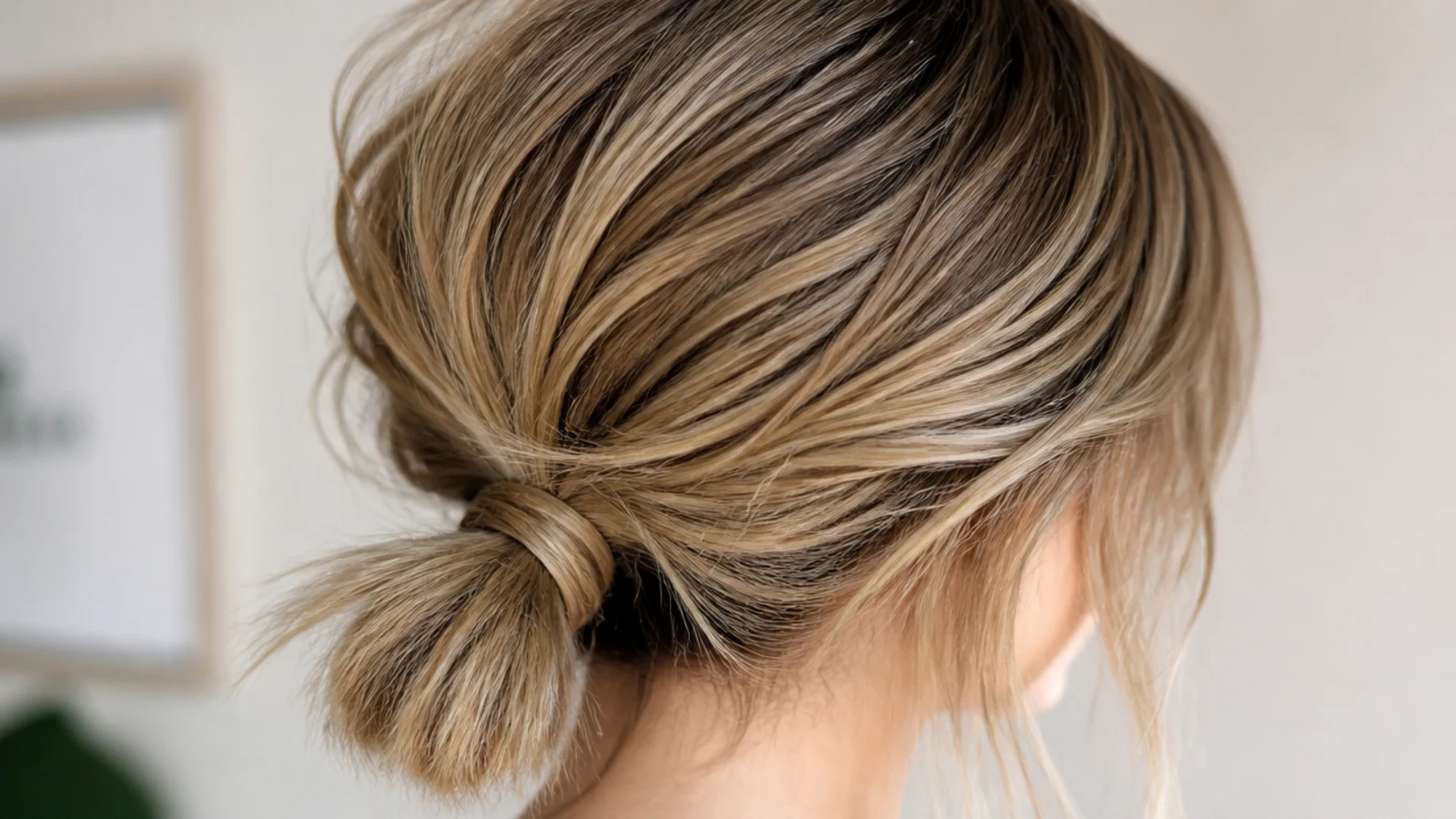 Low messy ponytail on a chin-length bob tied at the nape with soft temple pieces left out