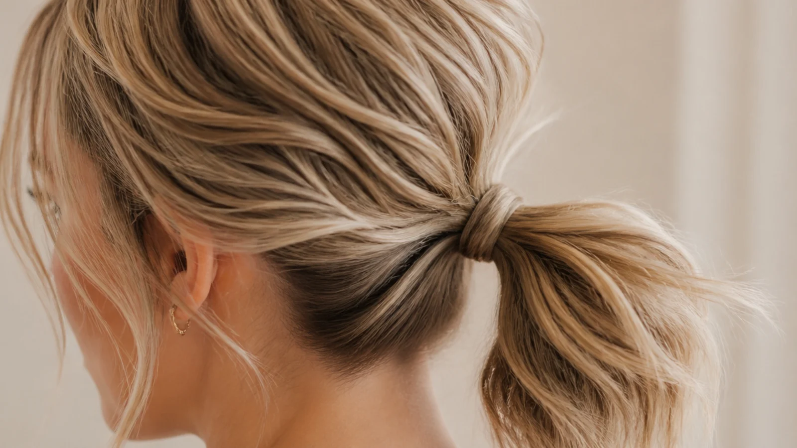Short hair ponytail secured with two small stacked elastics to stop the base from slipping