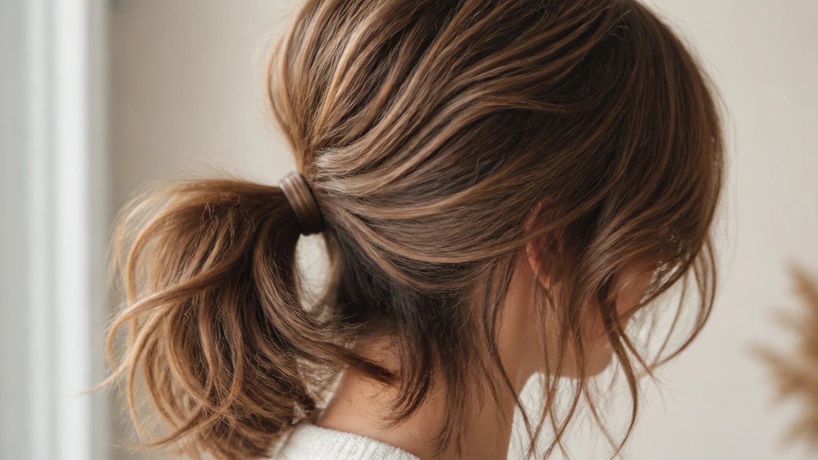 Bungee band messy ponytail on a layered short shag with choppy pieces falling around the face