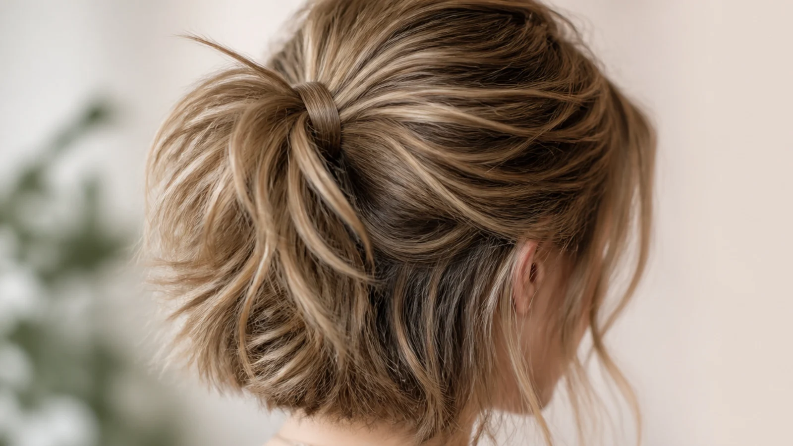 Half-up messy ponytail on short hair with the top section tied and the bob left loose underneath