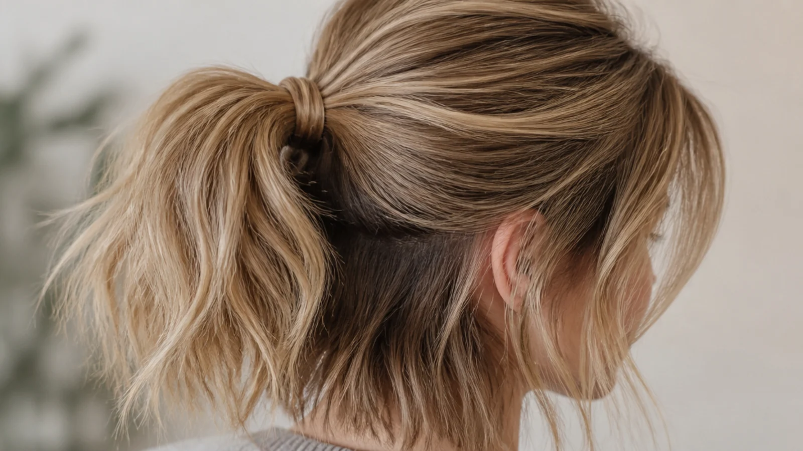 Crown-tie messy ponytail on a 12 inch lob with lifted roots and pieces left out at the ears