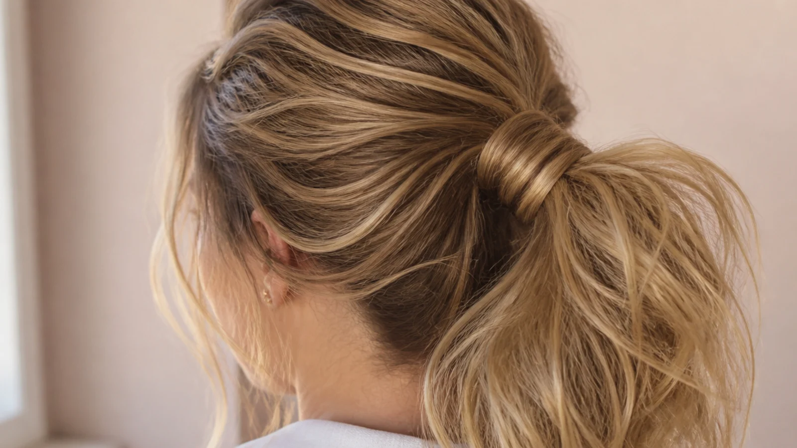 Faux long messy ponytail on short hair created with a clip-in wraparound extension over the base