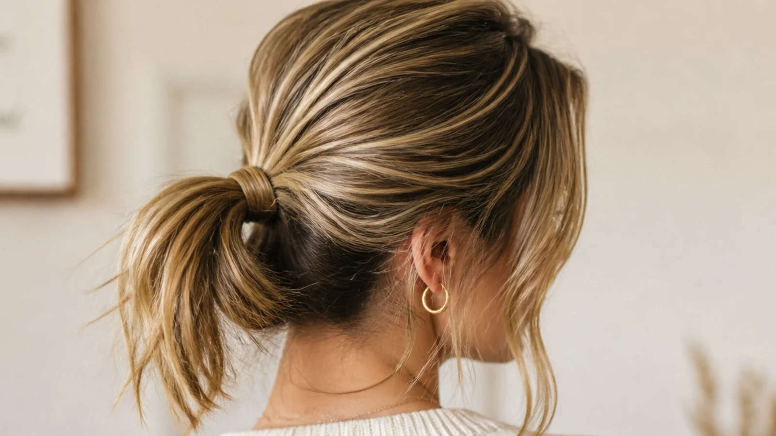 Short messy ponytail with curtain bangs split at the center and swept away from the face