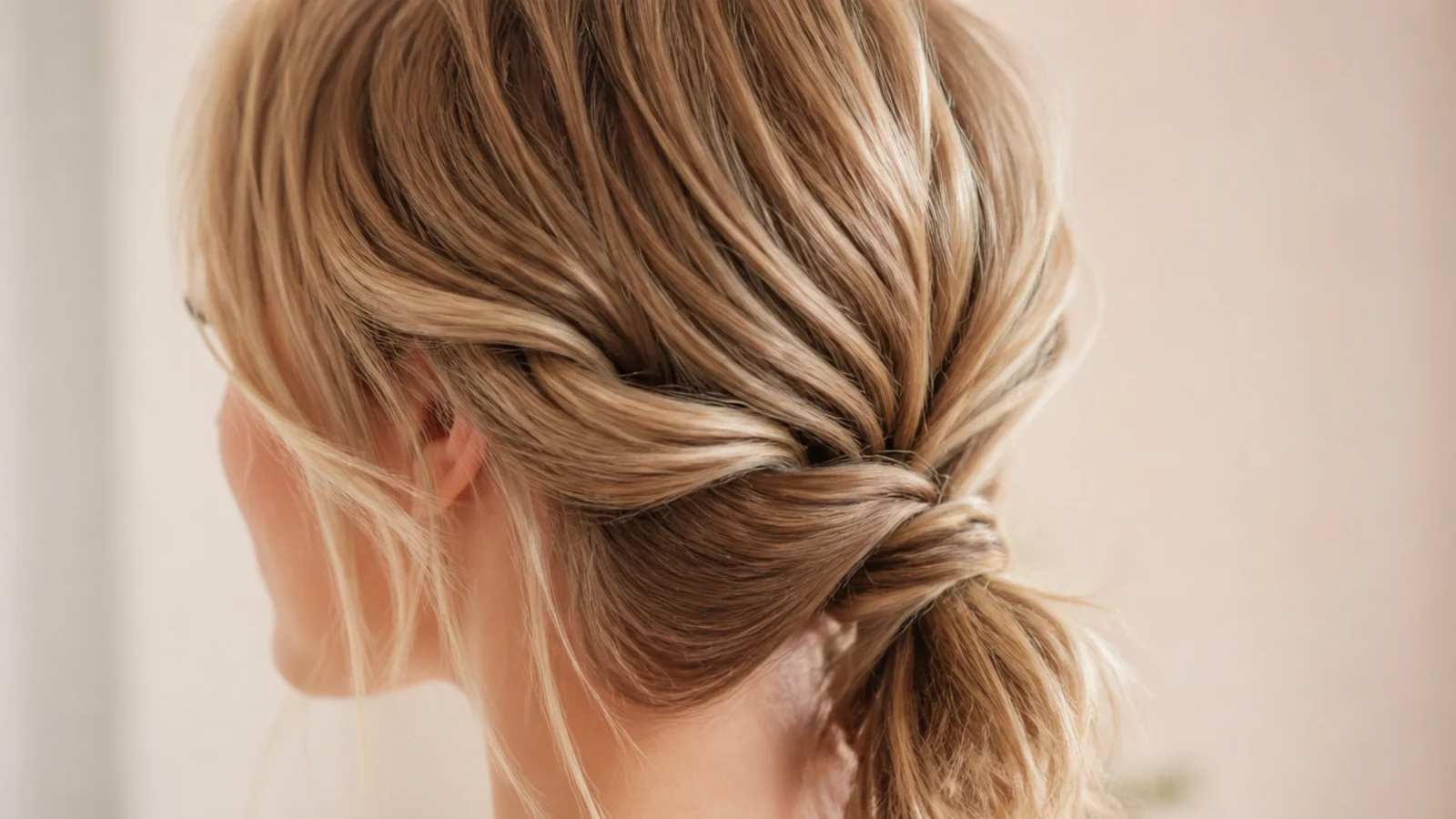 Twisted-side messy ponytail on fine short hair with a loose rope twist running to a low side tie
