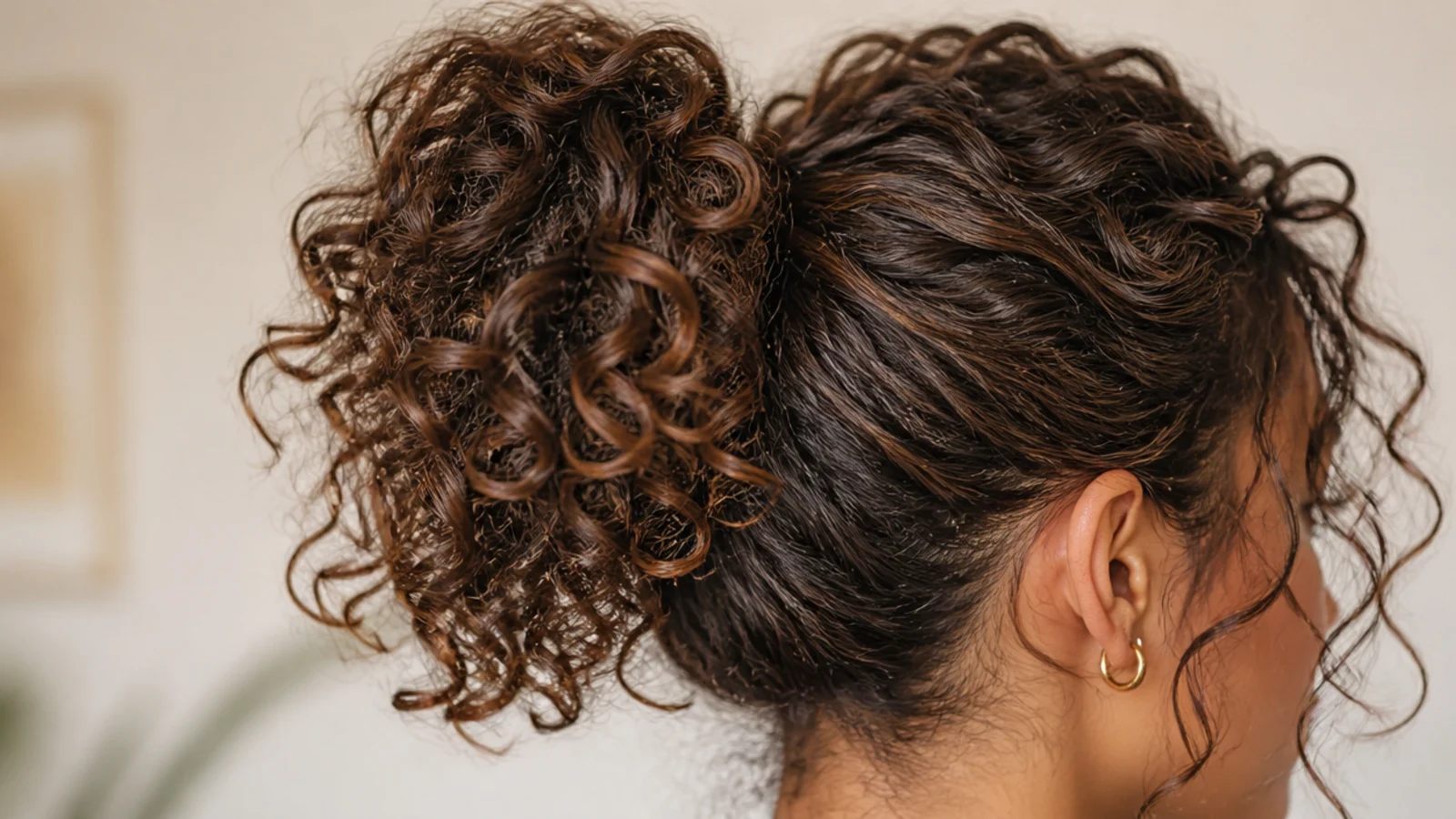 Curly messy ponytail on short 3a to 3c hair gathered high with defined coils fanning out