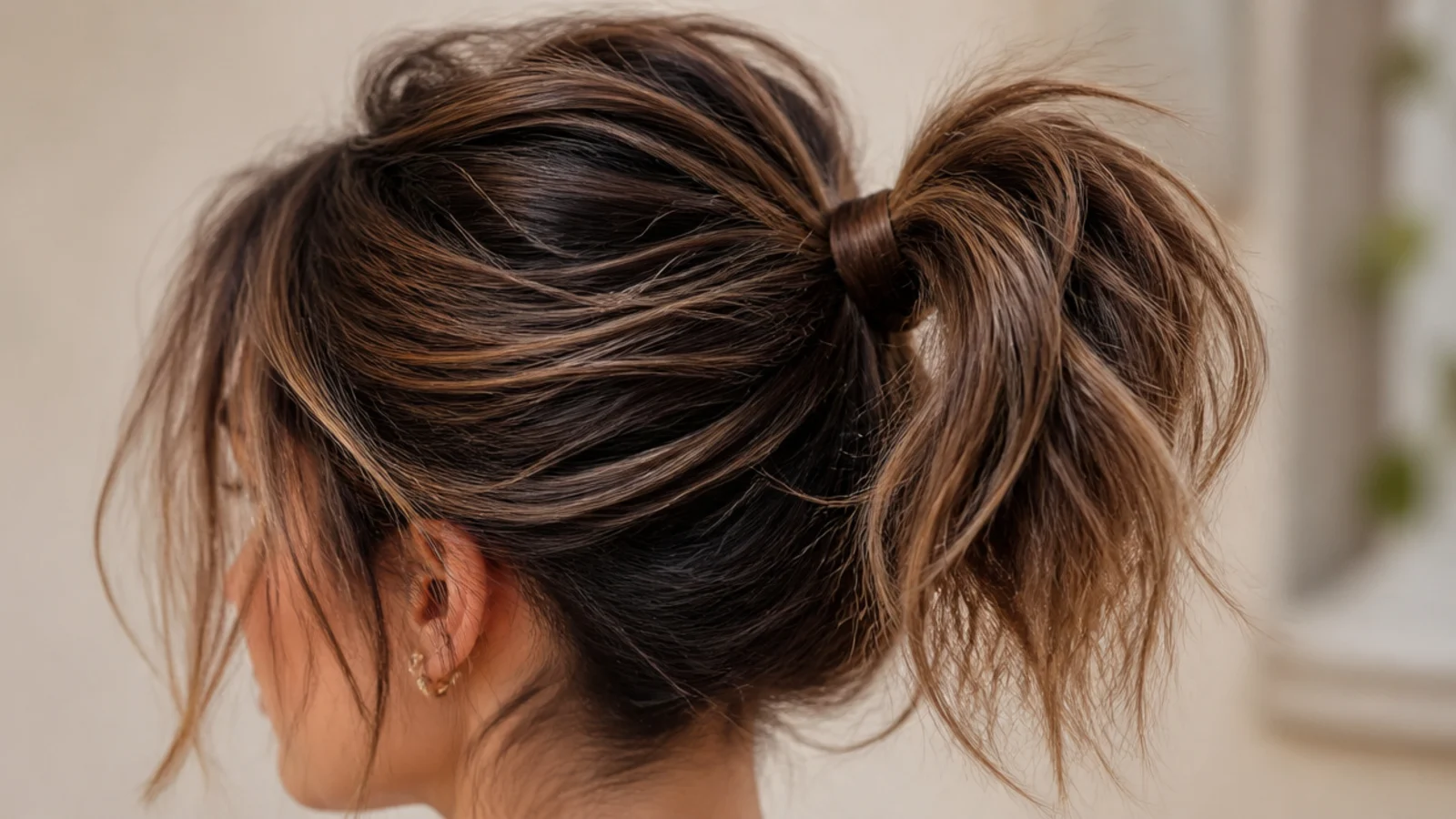 Sporty high messy ponytail on a short shag with short layers pinned and a lifted crown