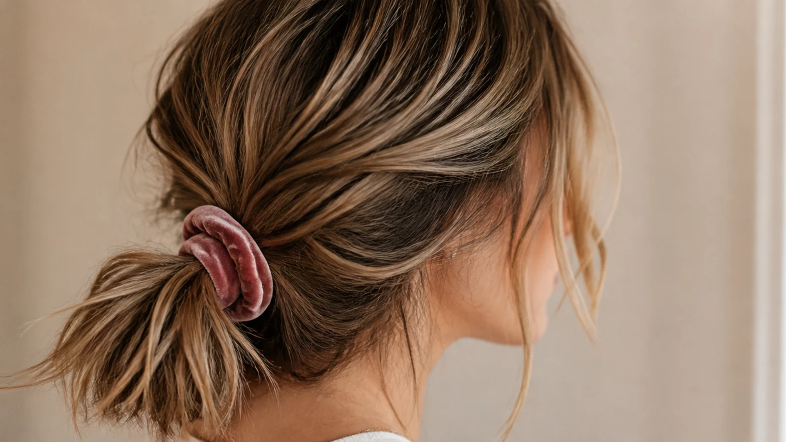 Scrunchie-wrapped messy ponytail on thick short hair with a velvet scrunchie at the nape