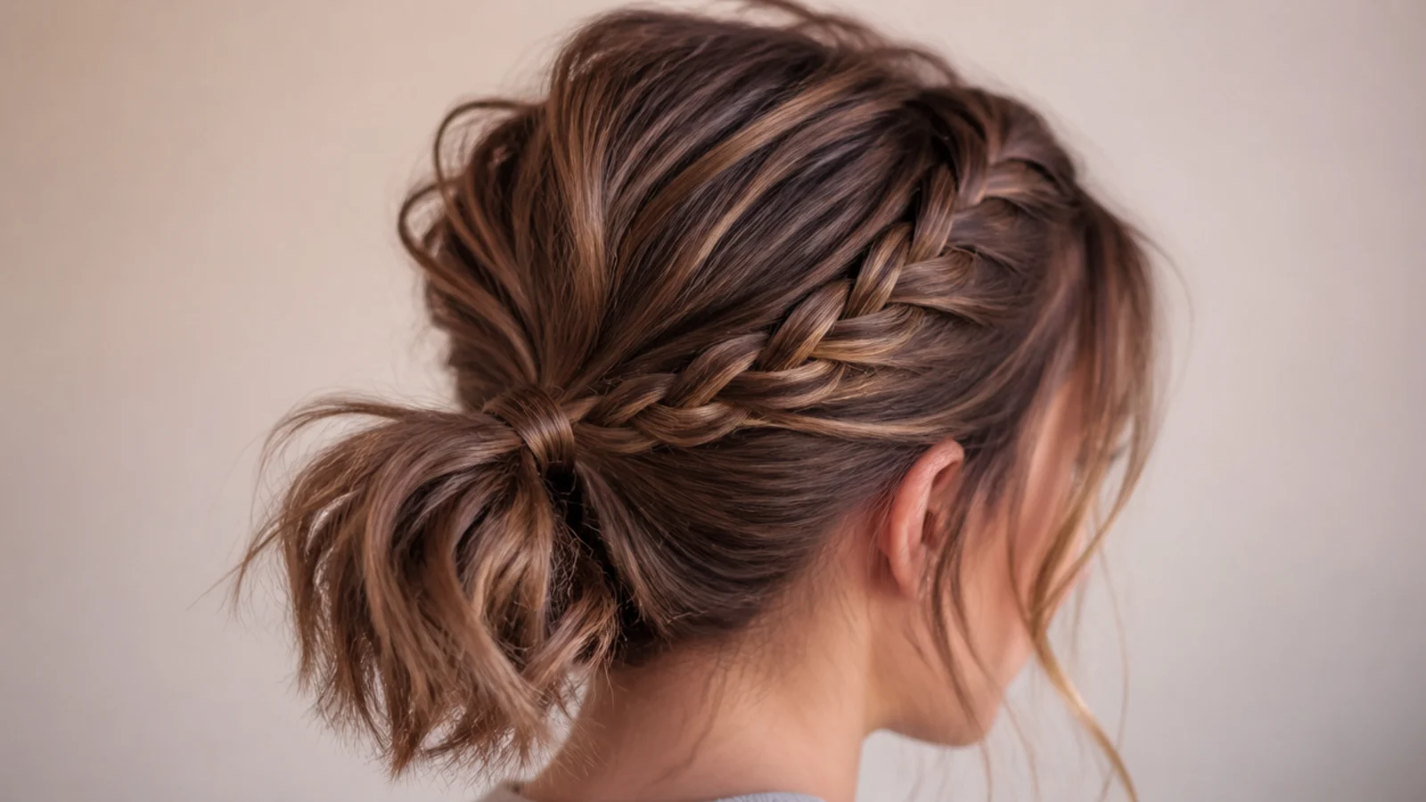 Braided-front messy ponytail on short hair with a small side braid running back into a low tie