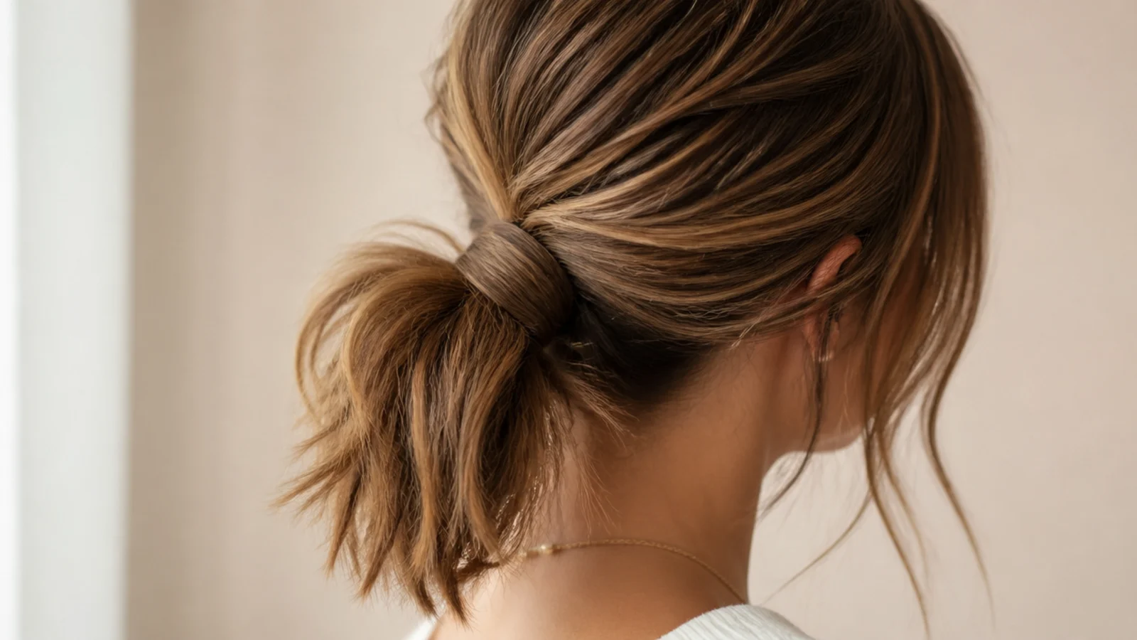 Wrapped-base messy ponytail on a short bob with a strand of hair covering the elastic and pinned under