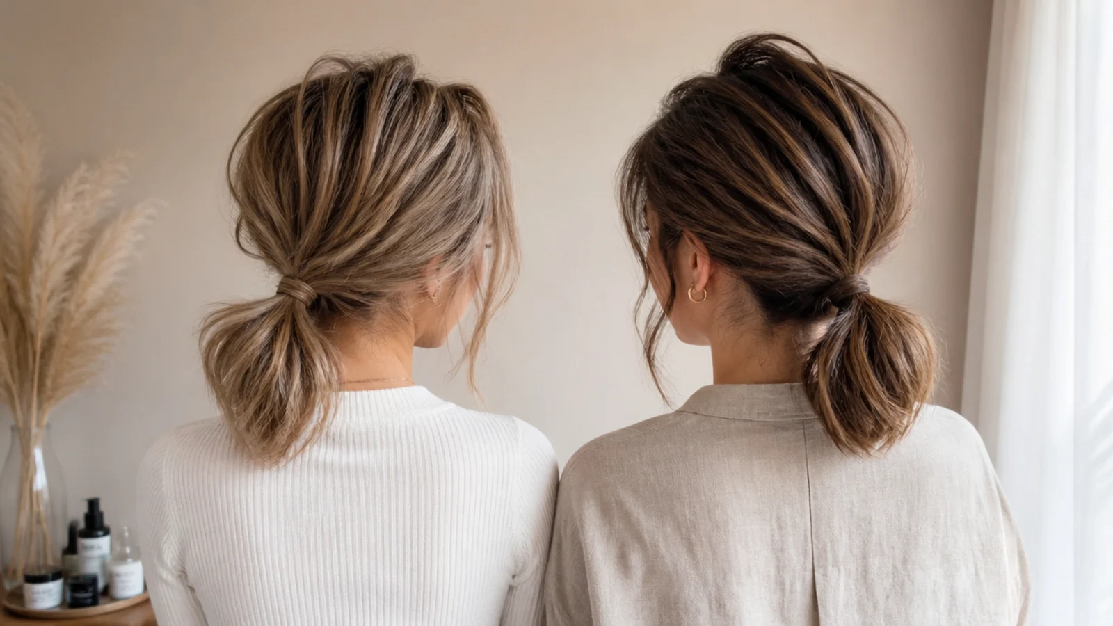 Fine short hair and thick short hair compared side by side in matching low messy ponytails