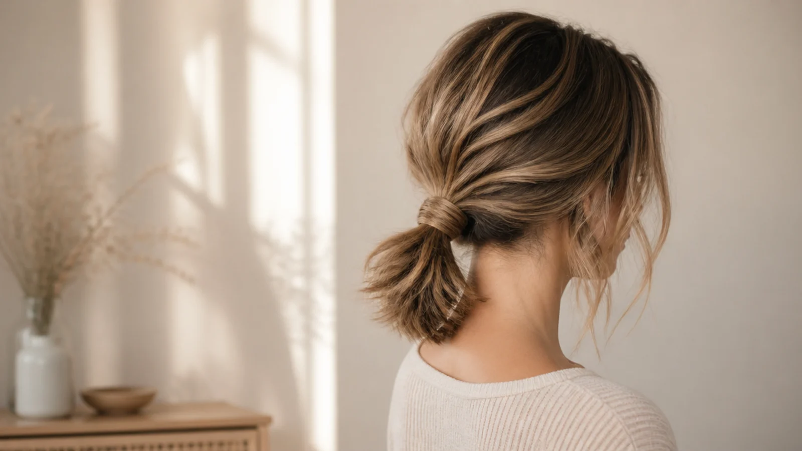 Messy ponytail on short hair tied at the nape of a chin-length bob with loose temple pieces