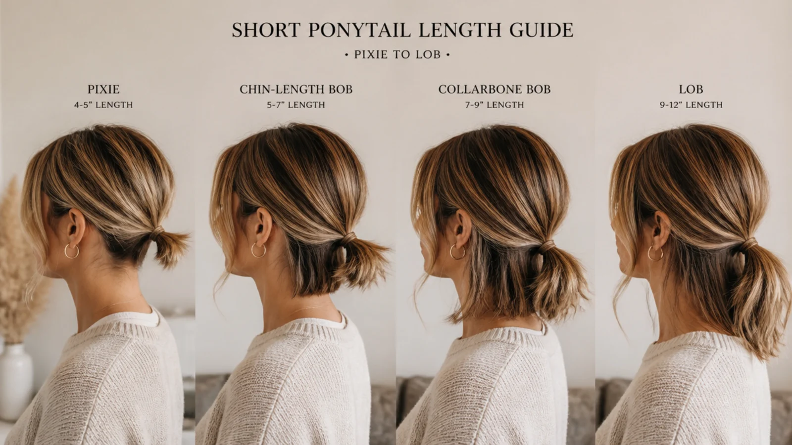 Length guide showing pixie, chin-length bob, collarbone bob and lob lengths for a short ponytail
