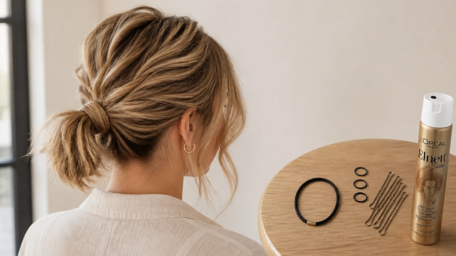 Bungee band, mini elastics and bobby pins laid out as the tools for securing a short messy ponytail