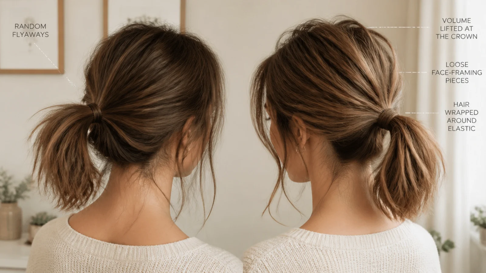 Two short messy ponytails compared, one with random flyaways and one with deliberately released face pieces