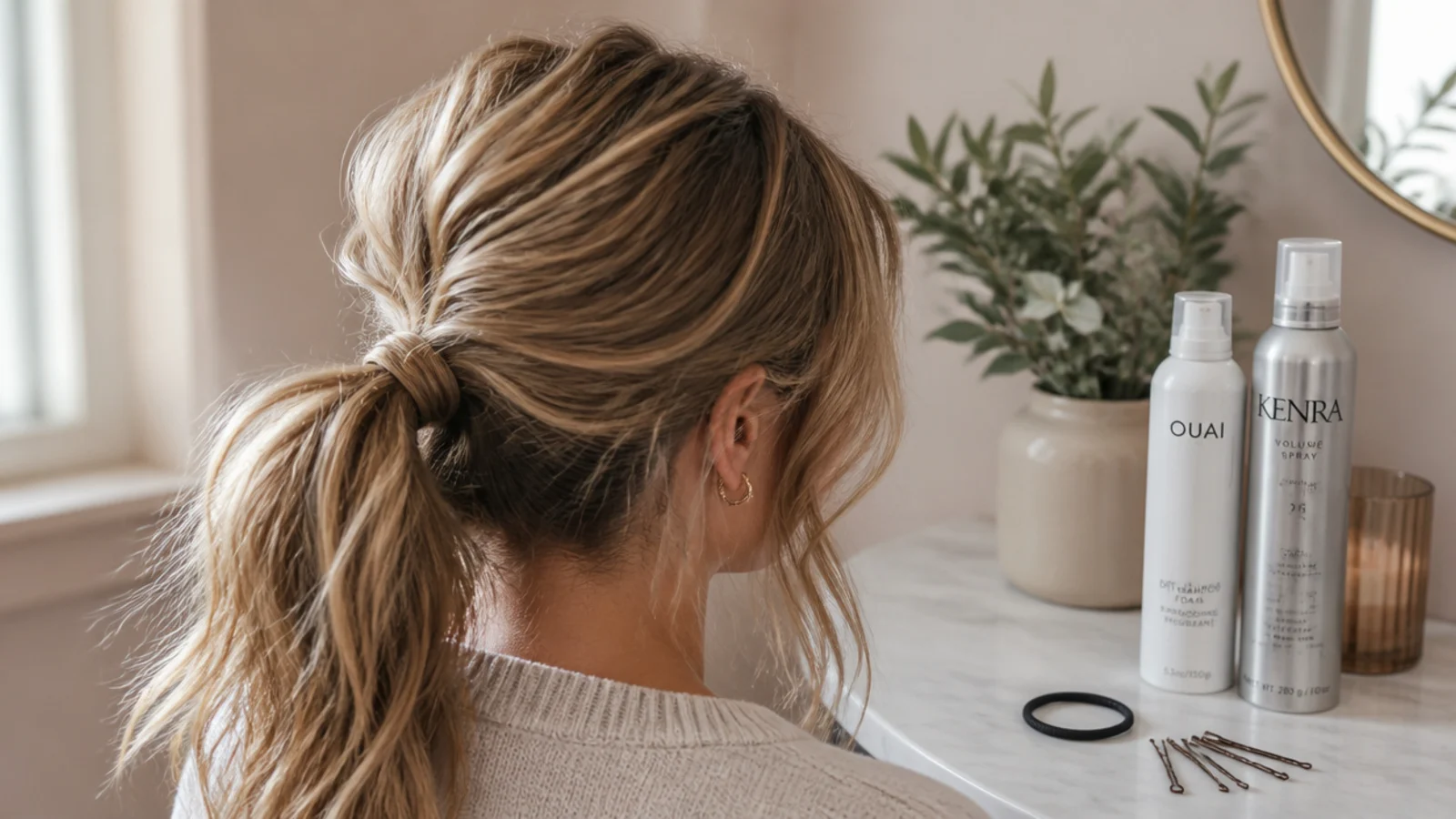 Dry shampoo, texture spray, bungee band and bobby pins laid out for a short messy ponytail