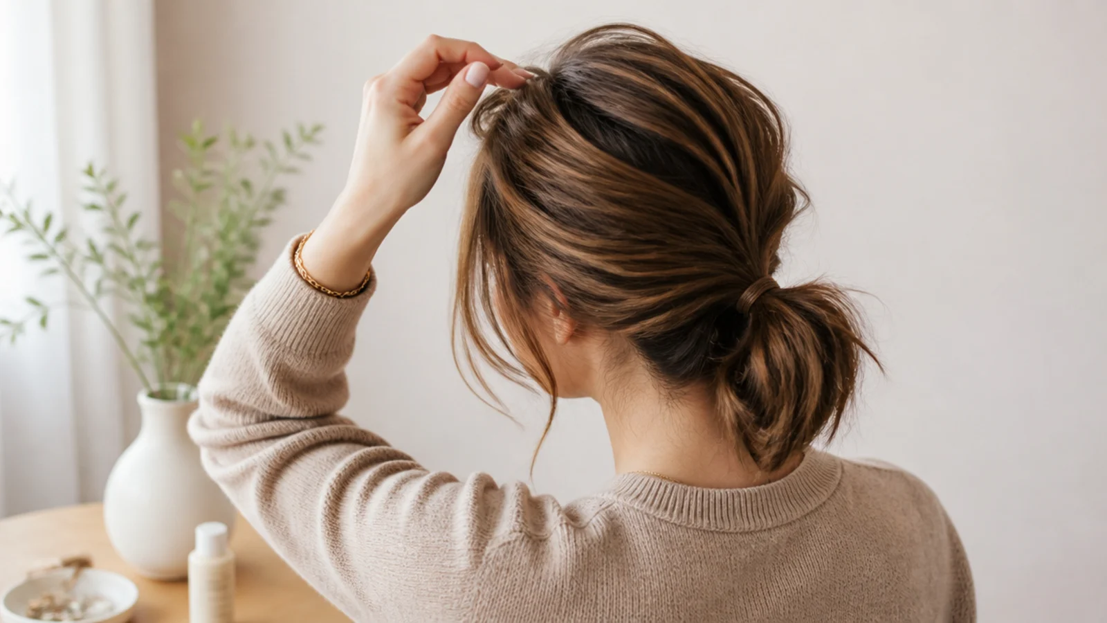 Short messy ponytail with lifted crown volume achieved by tugging small sections upward after tying