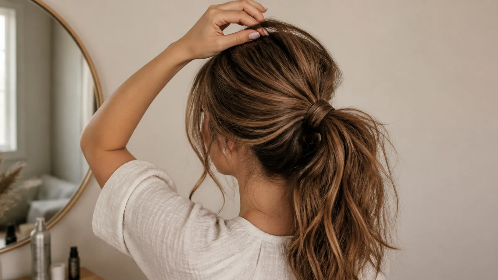A messy ponytail being re-tugged at the crown at midday to restore volume and hold