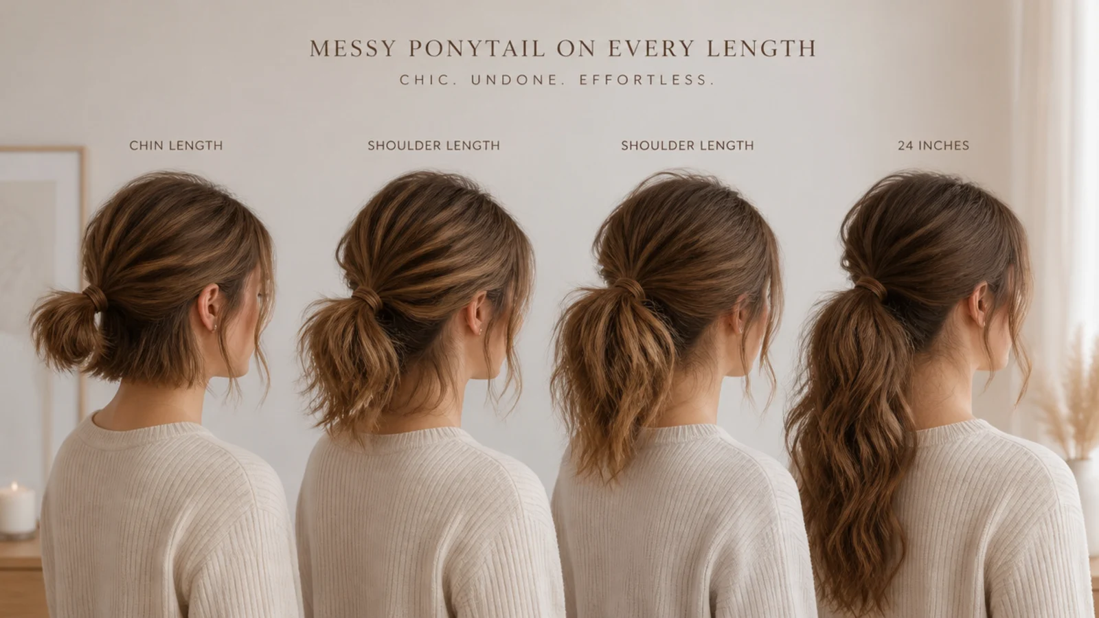 Messy ponytail styling compared on a chin-length bob, shoulder length hair and 24 inch hair