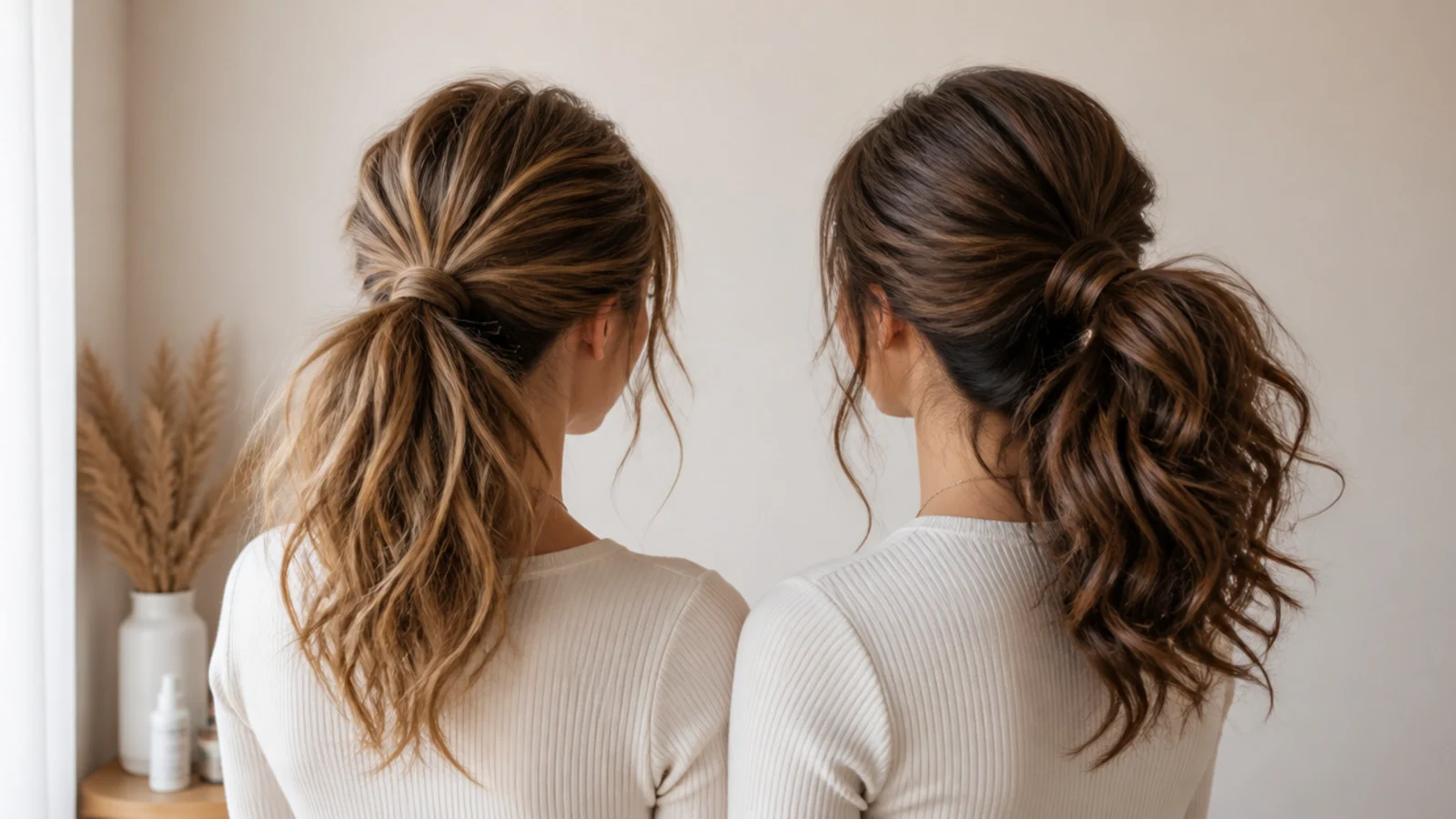 Fine hair messy ponytail with a teased crown beside a thick hair messy ponytail on a coil tie
