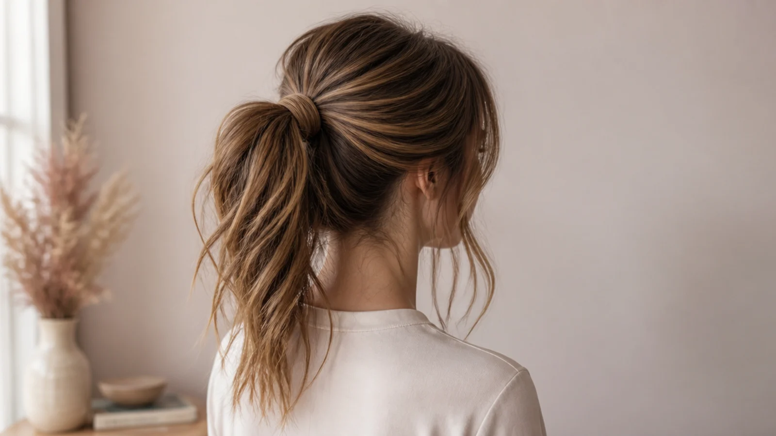 Messy ponytail styling shown at crown height with a tugged crown, wrapped elastic and loose temple pieces