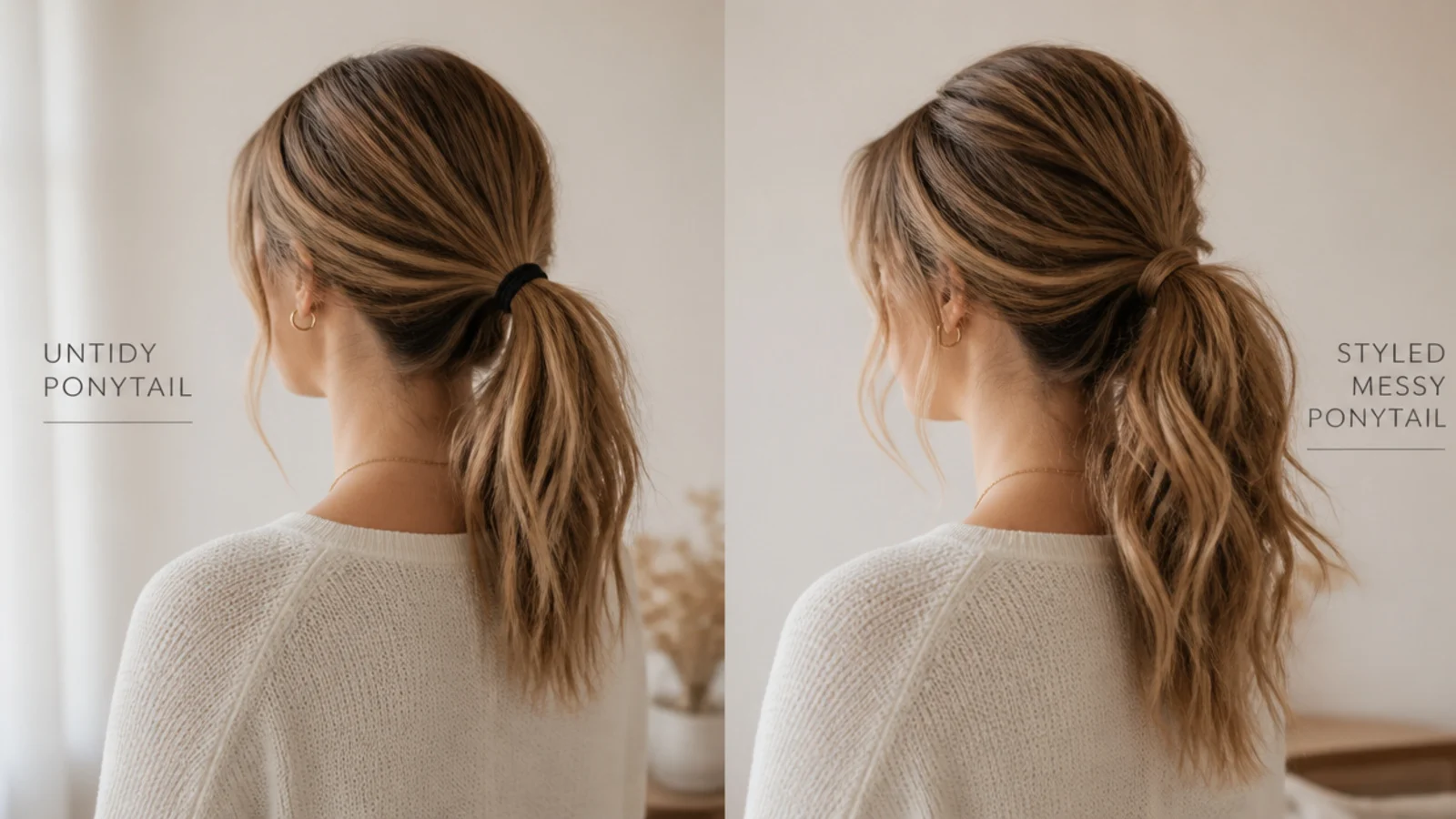 Side by side comparison of an untidy ponytail and a deliberately styled messy ponytail