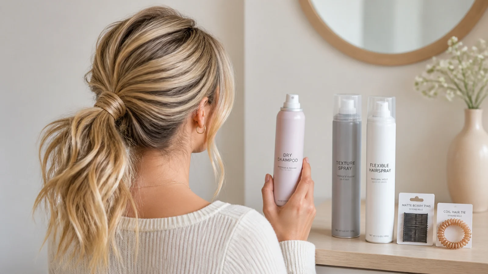 Dry shampoo, texture spray, flexible hairspray, matte bobby pins and a coil tie for messy ponytails