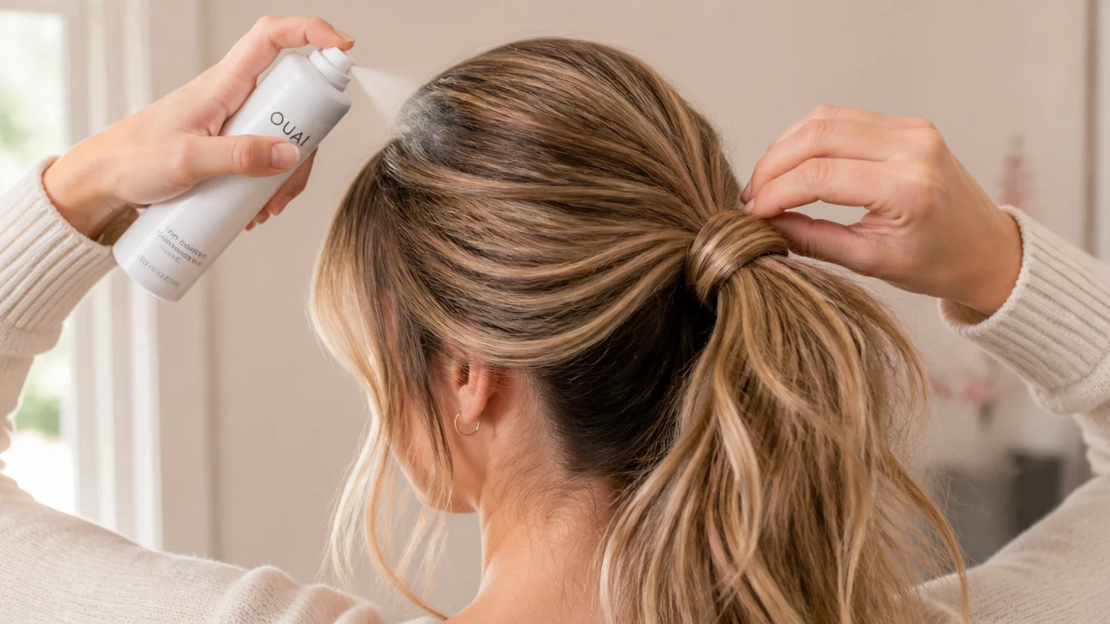 Dry shampoo sprayed into the roots of day-two hair to add grip before messy ponytail styling