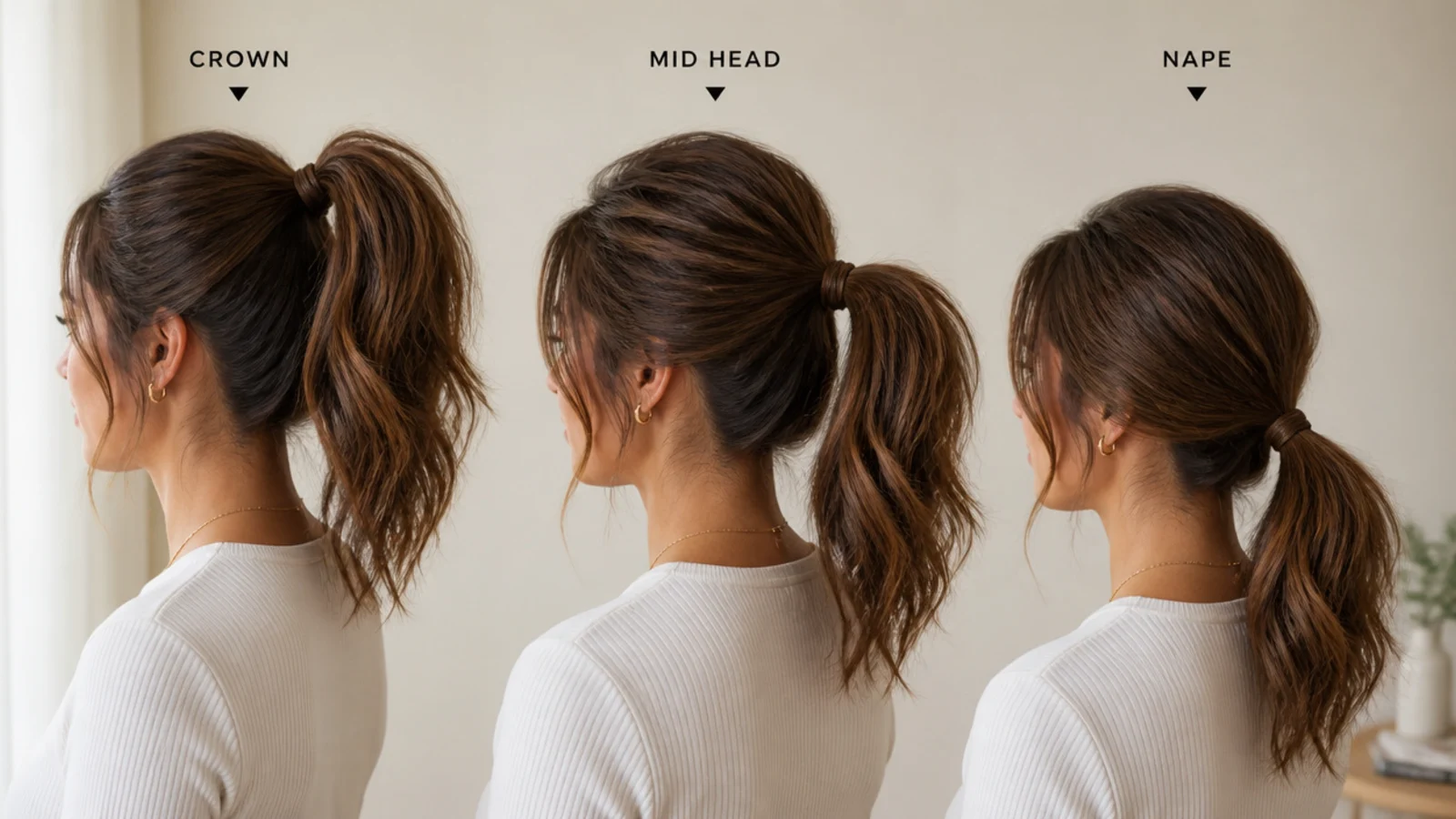 Three tie heights compared for messy ponytail styling: crown, mid head and nape placement