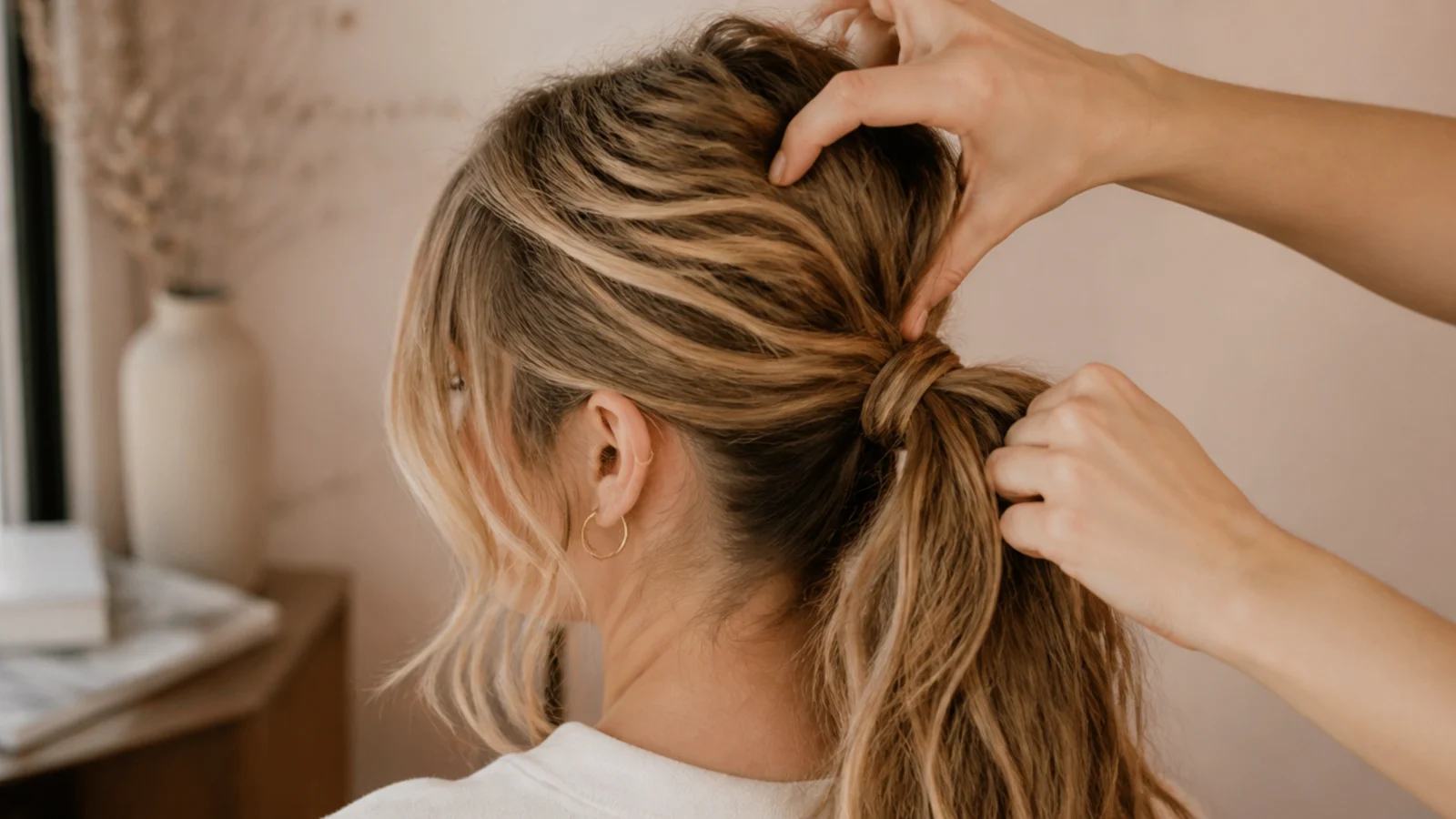 Hands finger-combing hair back into a messy ponytail base without a brush to keep texture