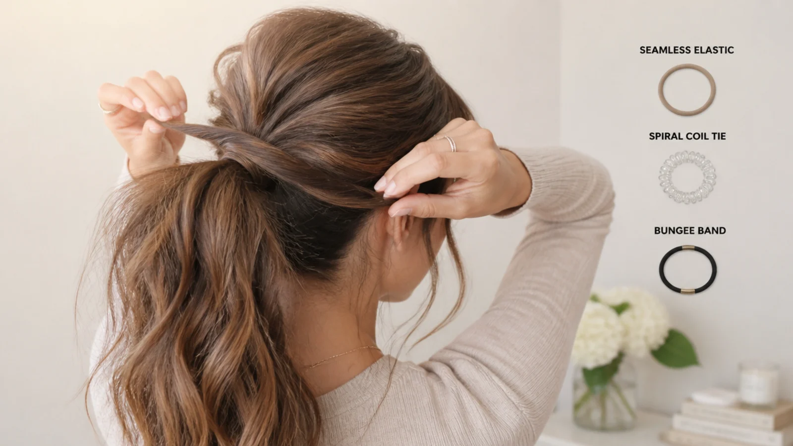 A seamless elastic, a spiral coil tie and a bungee band laid out for messy ponytail styling