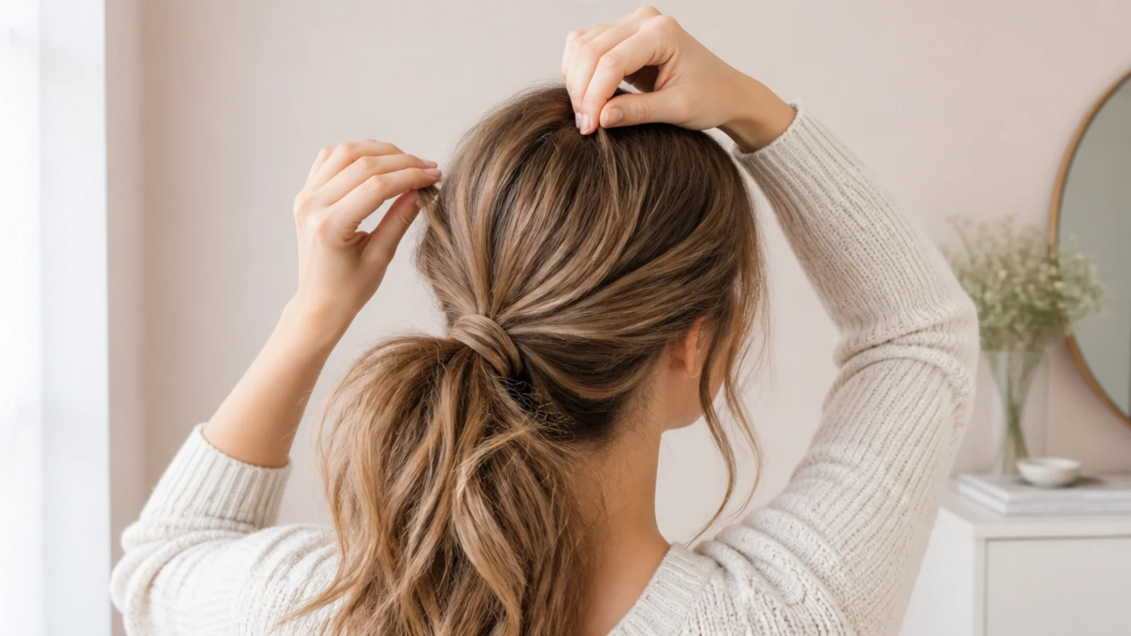 Fingertips tugging small crown sections upward to add volume to a messy ponytail