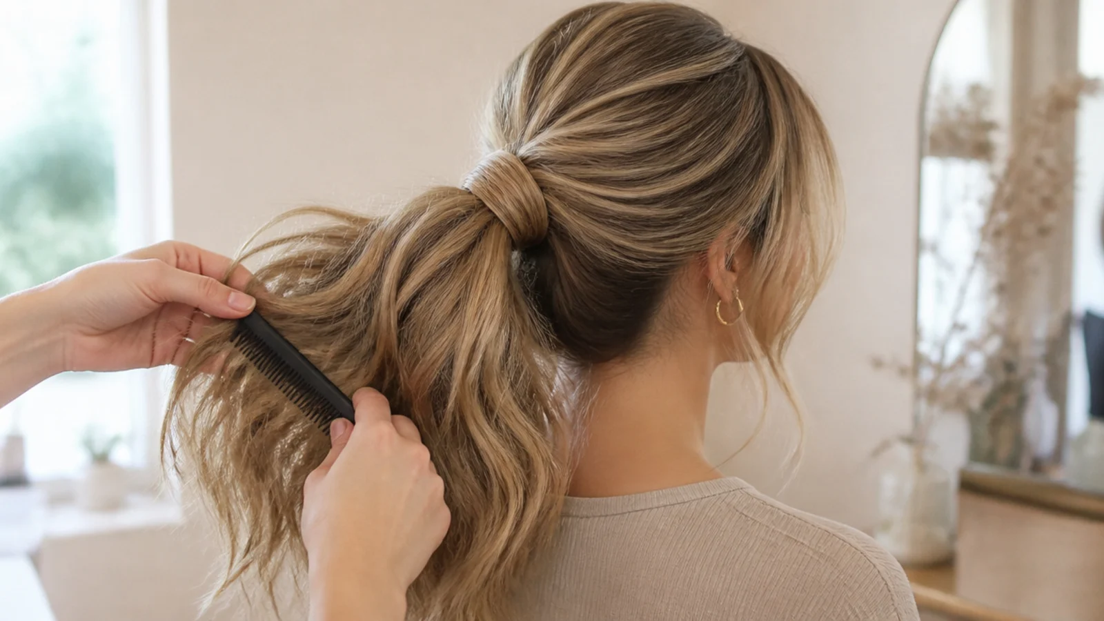 A fine tooth comb backcombing the underside of a ponytail tail to add messy texture