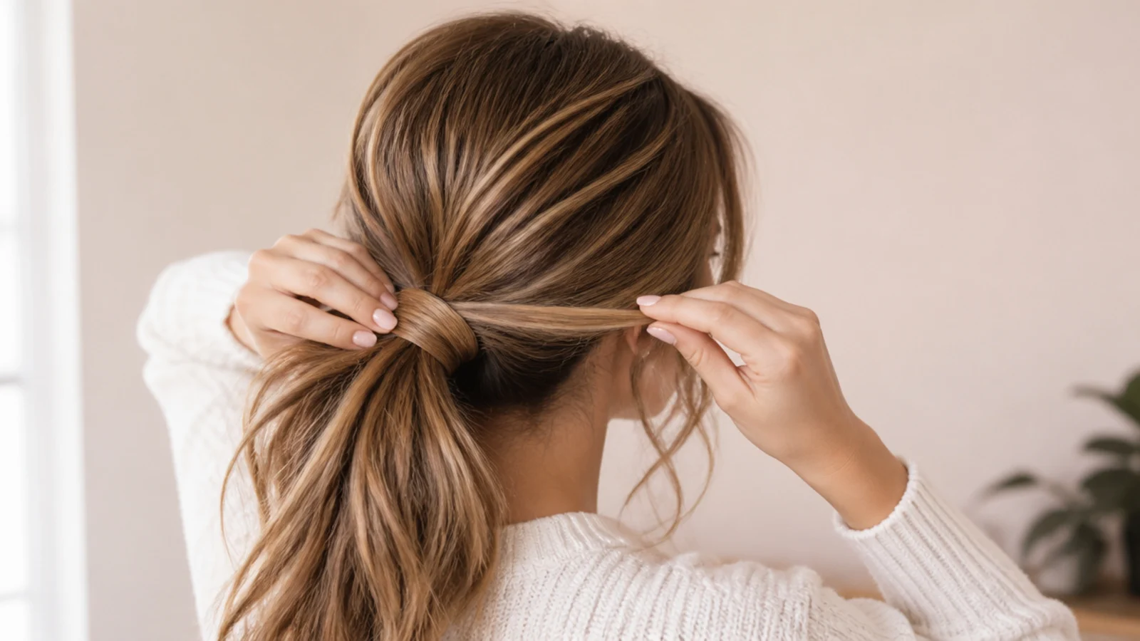 A thin strand of hair wrapped around the base of a messy ponytail to hide the elastic