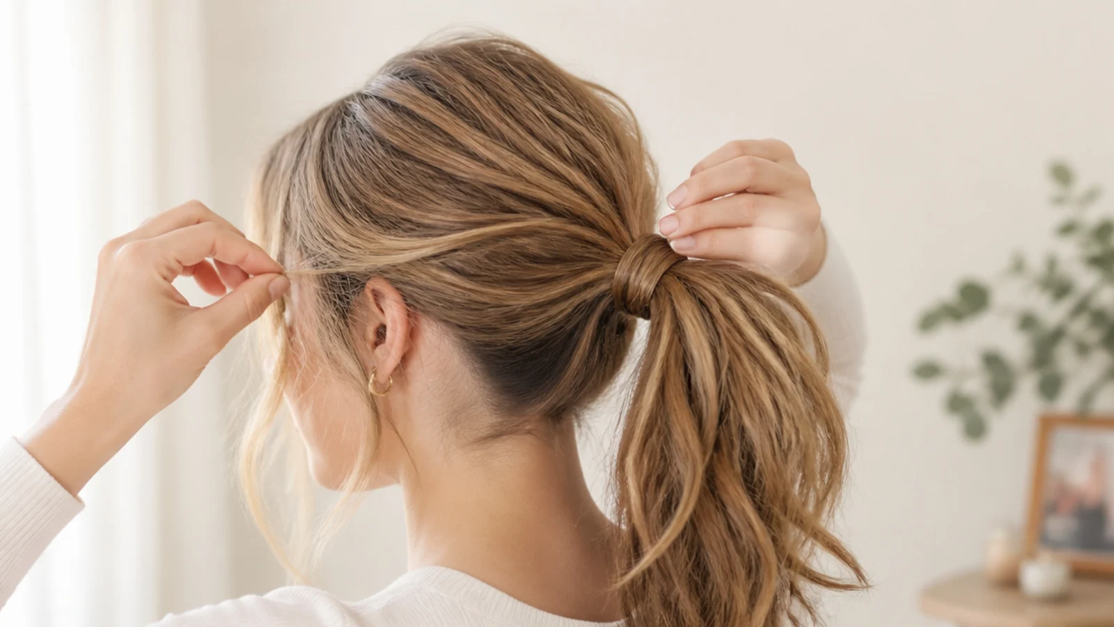 Loose temple and ear-length face-framing pieces pulled out last to finish a messy ponytail