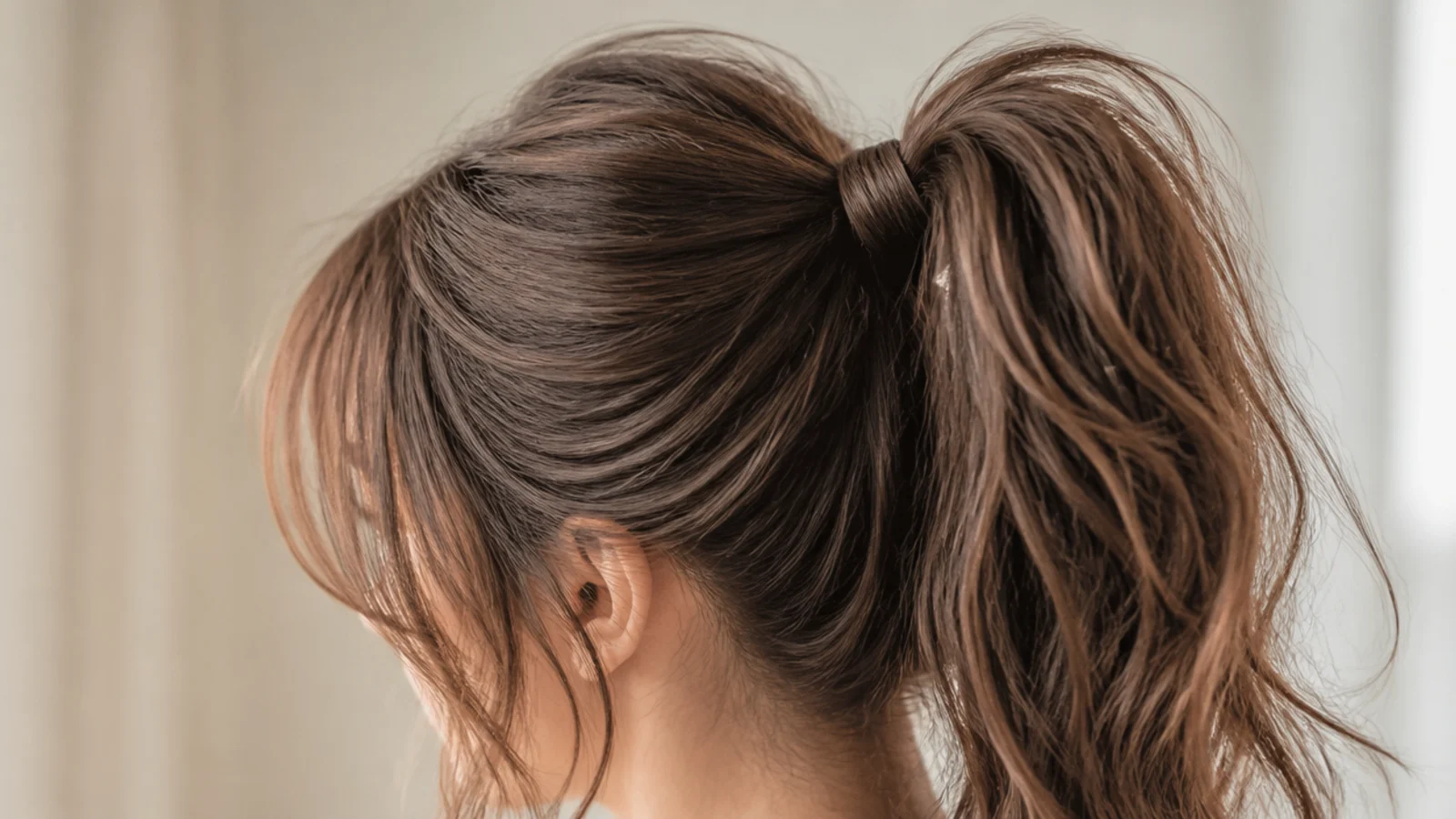Wispy see-through bangs with a high messy ponytail tied at the crown