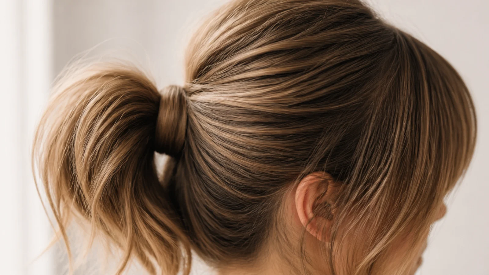 Blunt straight-across bangs with smooth roots and a messy textured ponytail behind