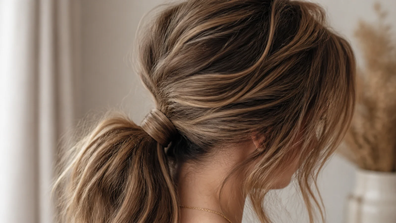 Side-swept bangs sweeping into a low side messy ponytail over one shoulder