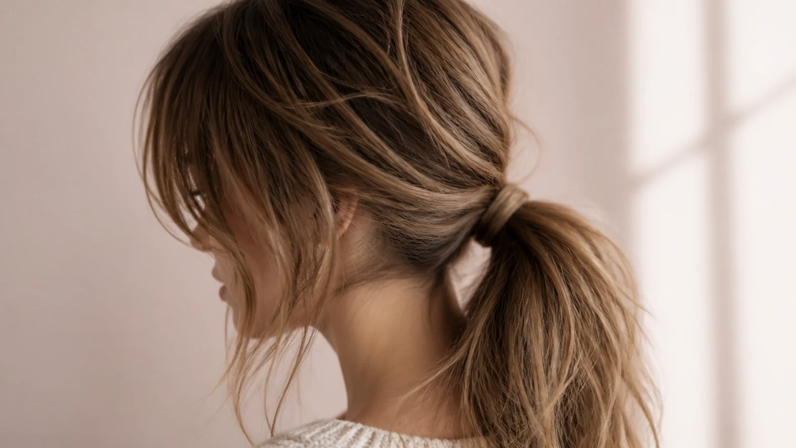 Long piecey birkin bangs grazing the lashes above a soft nape messy ponytail