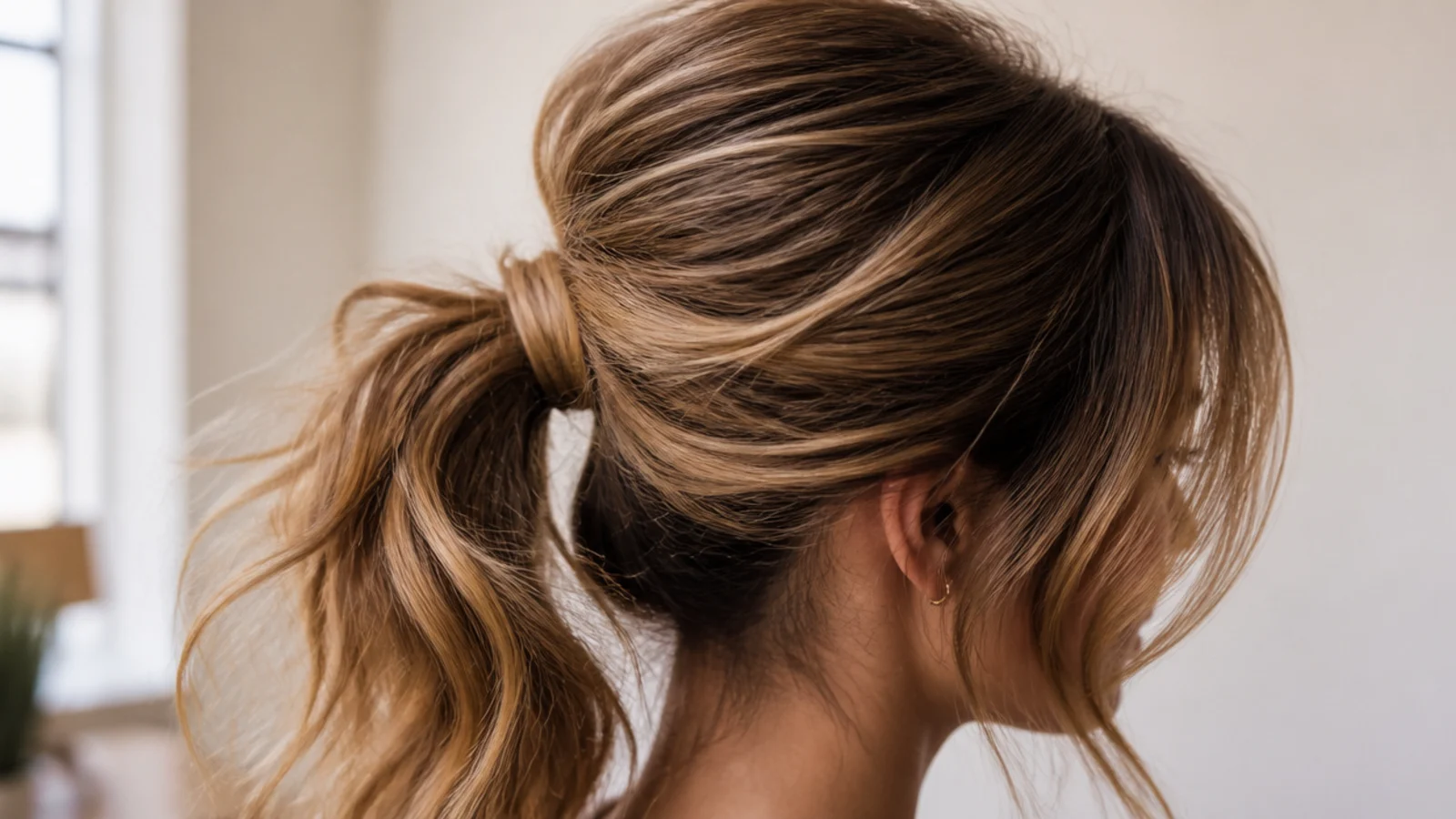 Grown-out bangs at cheekbone length pinned back into a mid-height messy ponytail