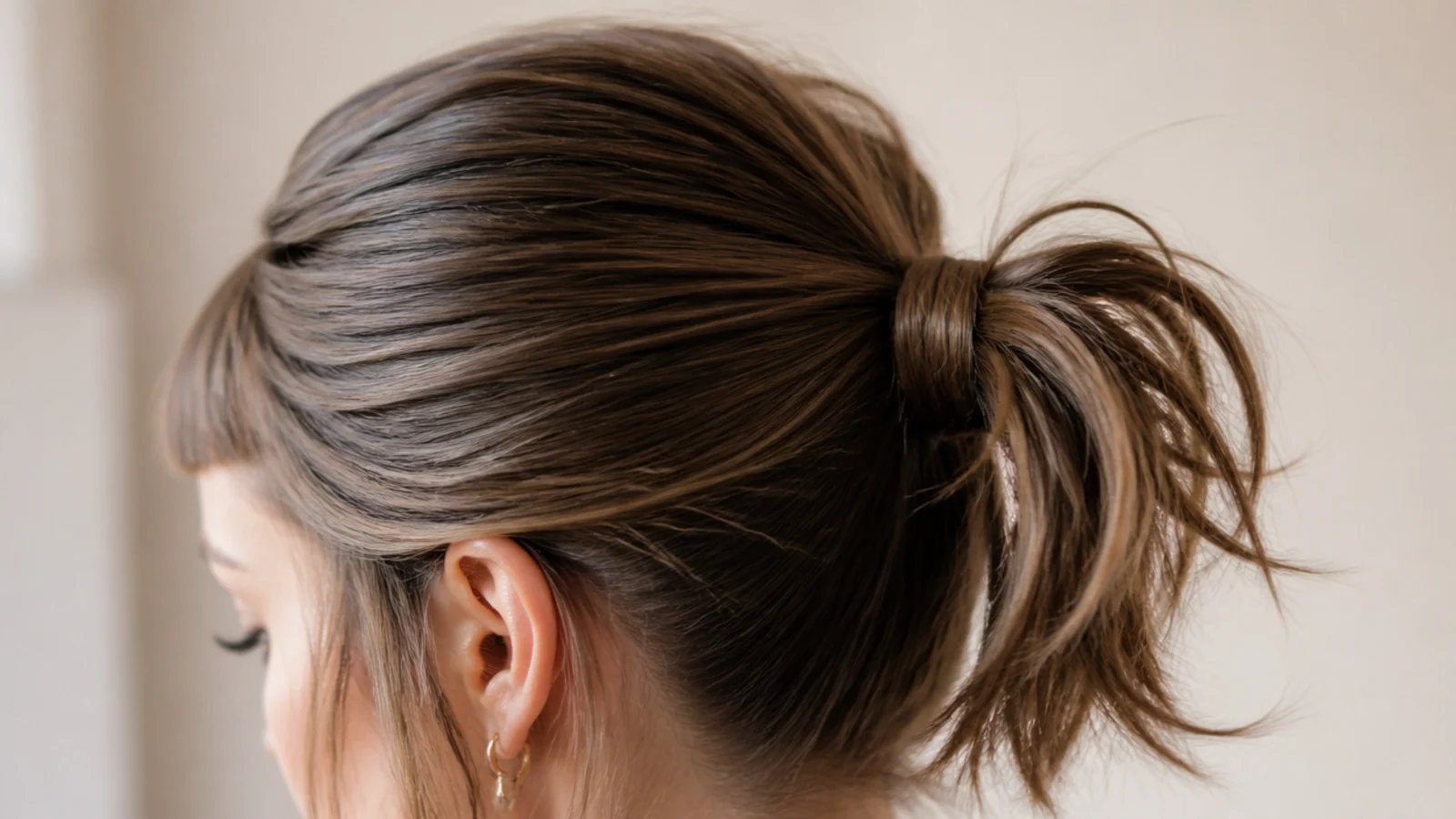 Very short baby bangs above the brows with a slicked crown and messy ponytail tail