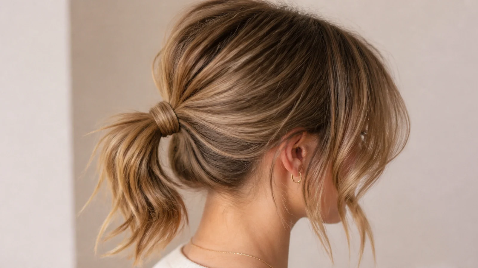 Short curtain bangs at cheekbone length with a mid-height messy ponytail on a round face