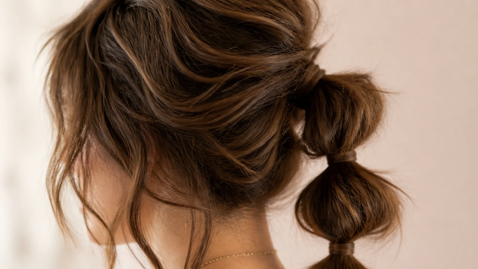Choppy shag bangs with a bubble messy ponytail segmented by small clear elastics