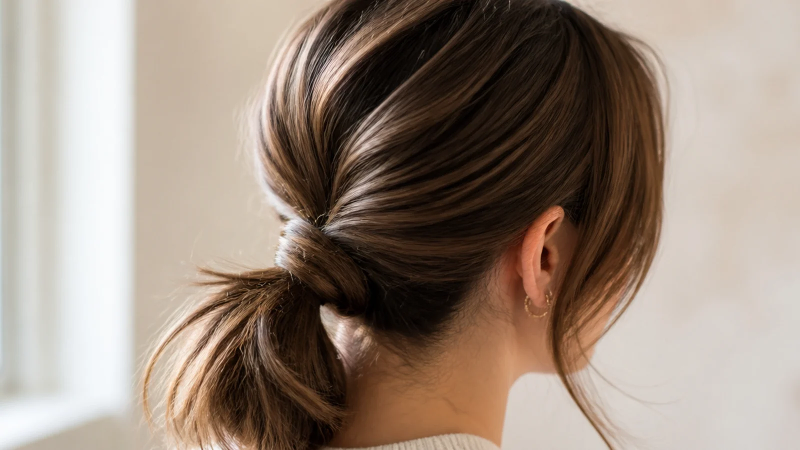 Long jaw-length curtain bangs tucked behind both ears above a low messy ponytail