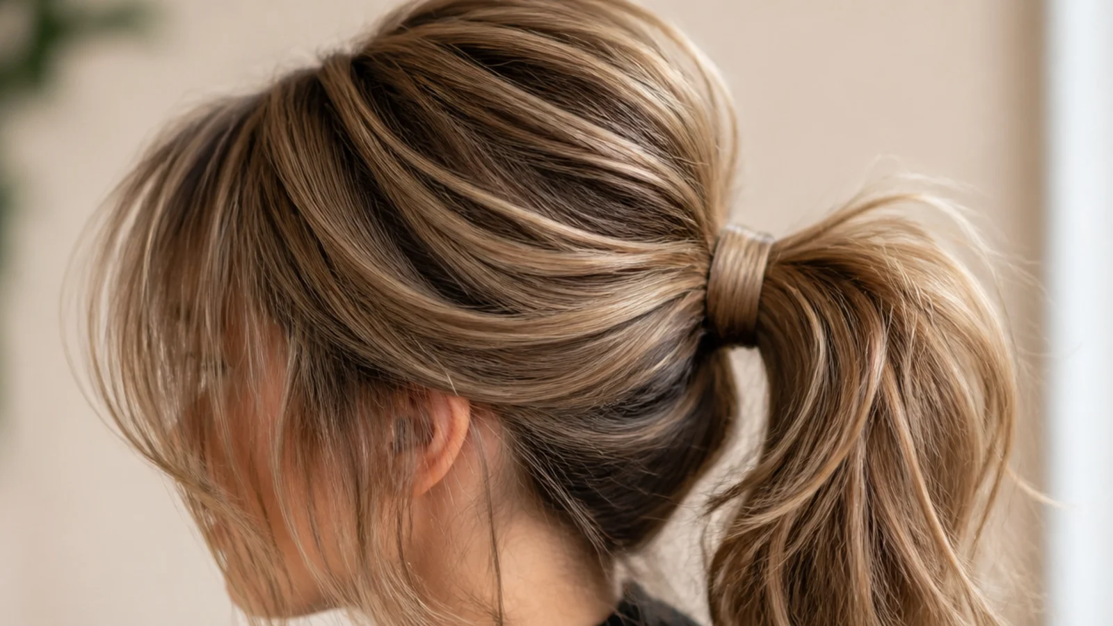 Fine wispy bangs with a teased crown and a mid-height messy ponytail adding volume
