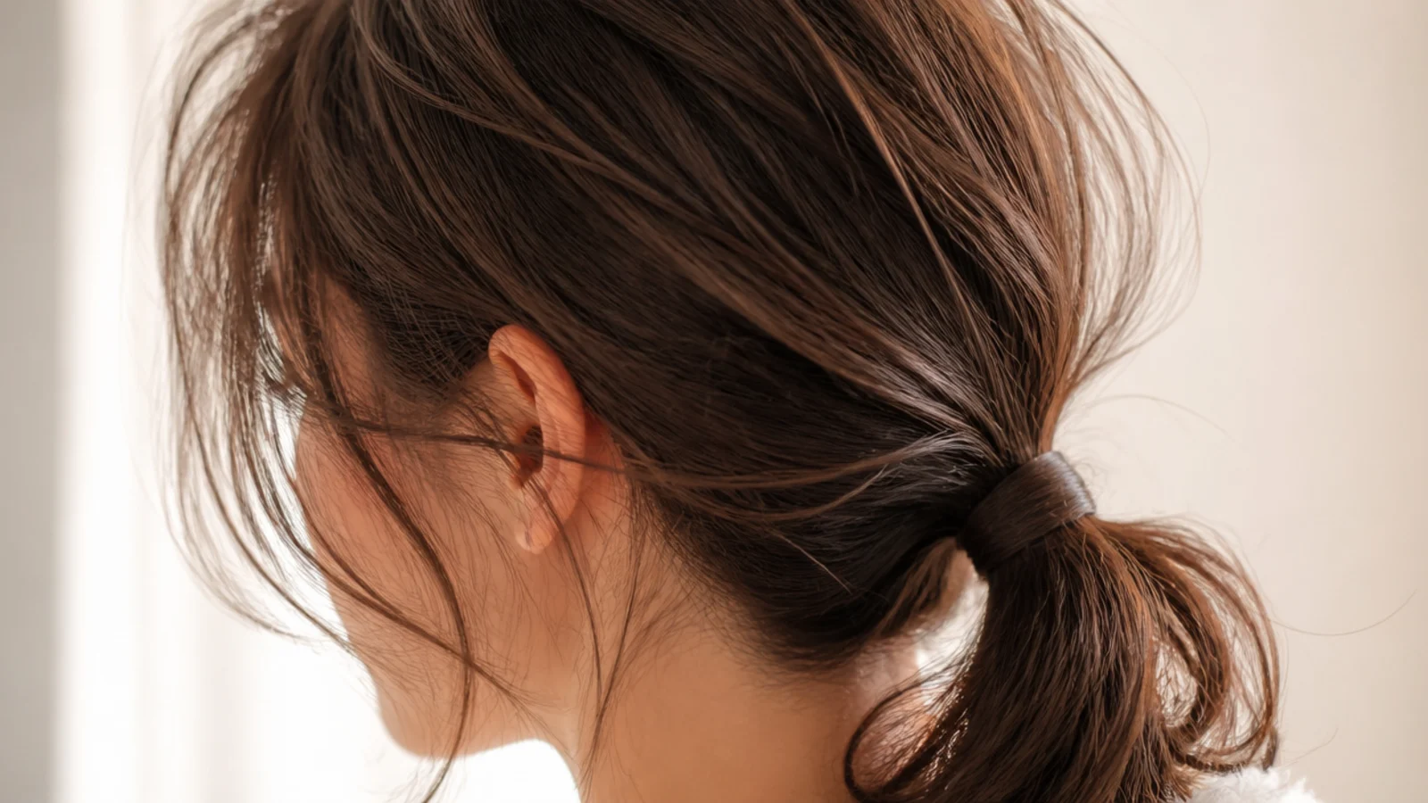 Wispy Korean air bangs with a soft low messy ponytail and loose face-framing strands