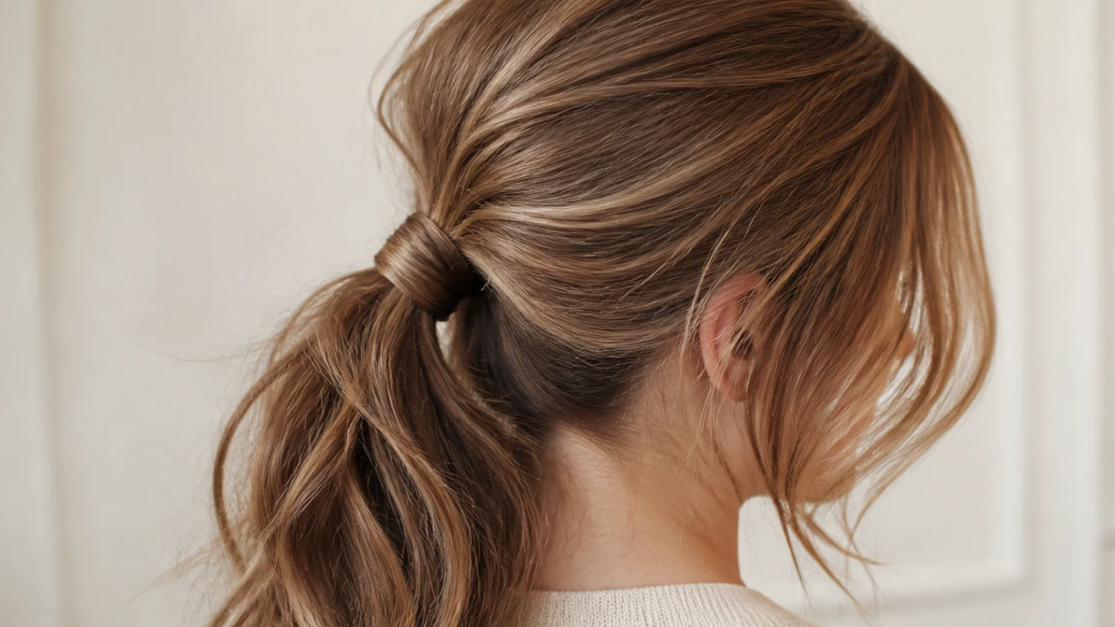 Bottleneck bangs narrow at the center widening at the cheeks with a half-up messy ponytail
