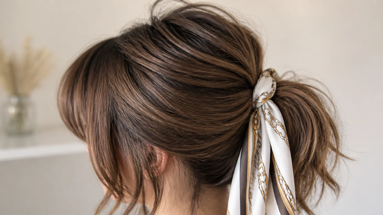 Blunt bangs with a silk bandana tied around the base of a messy ponytail