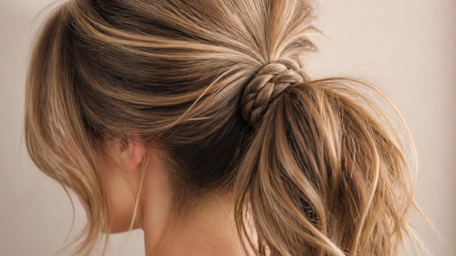 Curtain bangs above a messy ponytail with a small braid wrapped around the elastic base